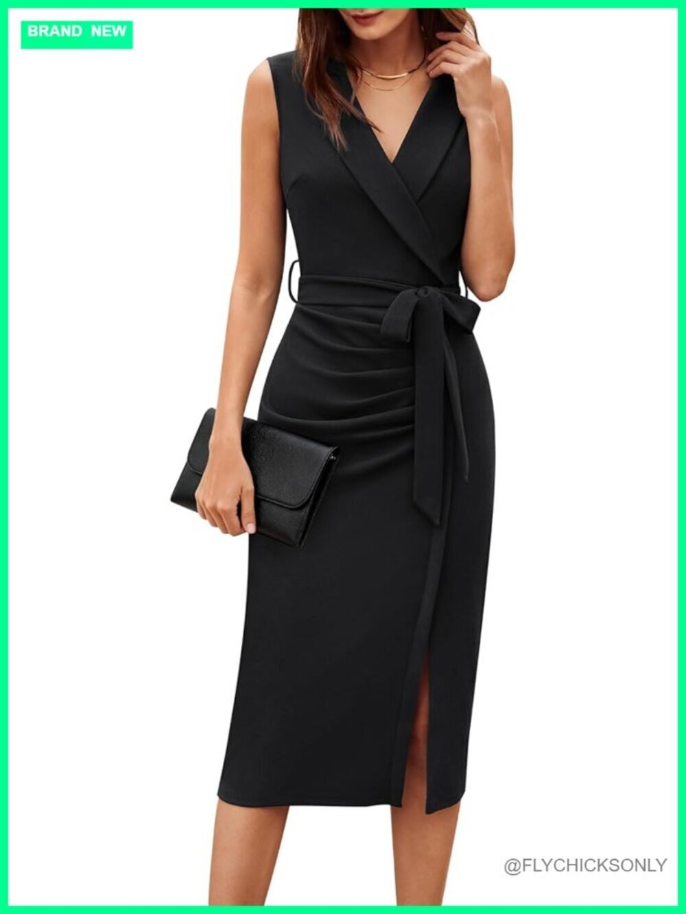 Sleeveless Ruched Bodycon Pencil Midi Dress with Belt for Work Office